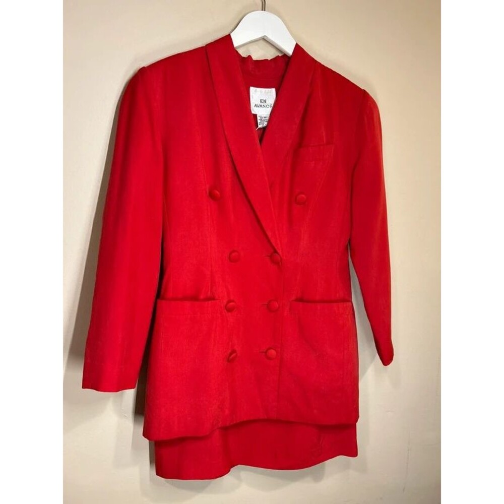 Vintage En Avance Women's 6 Red Silk Double Breasted Button Power Suit